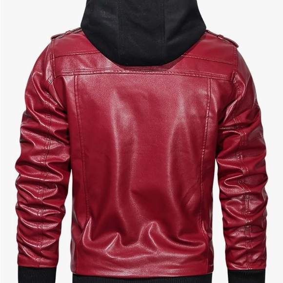 Men's Red Leather Jacket with Hood - Picture 2 of 7